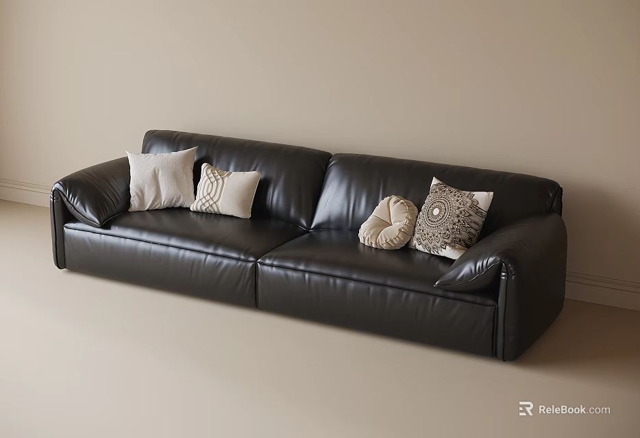 Black Leather Double Sofa With White And Patterned Pillows In Light Interior 3d model 