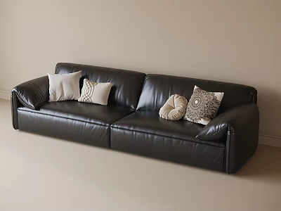 Black Leather Double Sofa With White And Patterned Pillows In Light Interior 3d model