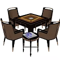 Modern Square Entertainment Table with Black Tabletop Wooden Center and Four Surrounding Brown Black Chairs