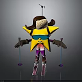 Star Shaped Character in Pink Striped Outfit with Cowboy Hat Goggles and Ski Poles Skiing