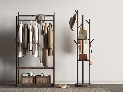 Modern Wooden Clothes Rack With Hanging Garments Hat Bag Scarf And Storage Compartments 3d model