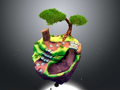 Cartoon Style Floating Island Scene With Green Tree Small Building And Stone Path 3d model
