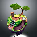 Cartoon Style Floating Island Scene With Green Tree Small Building And Stone Path
