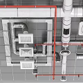 Suspended Ceiling Structure with Metal Pipes Vents and Industrial Framework Details