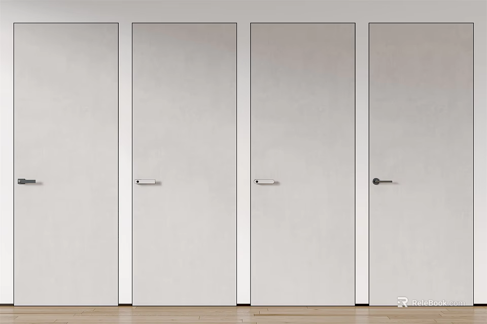 Four Modern White Hinged Doors With Minimalist Design And Silver Handles 3d model 