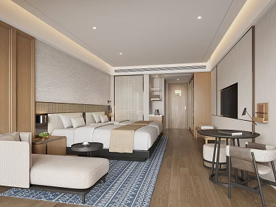 Hotel Guest Room Interior Featuring Double Bed Wooden Furniture Sofa TV and Blue Carpet 3d model