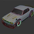White Modified Car with Black Rear Spoiler Wide Fenders Orange Headlights and Hood Air Intakes