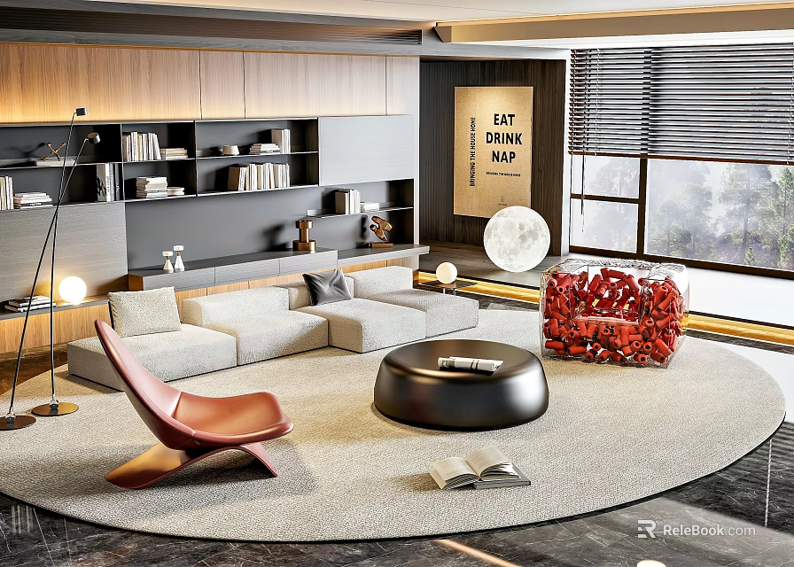 Modern Sofa and Coffee Table Set With Round Table Area Rug and Accent Chair 3d model 
