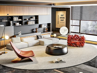 Modern Sofa and Coffee Table Set With Round Table Area Rug and Accent Chair 3d model