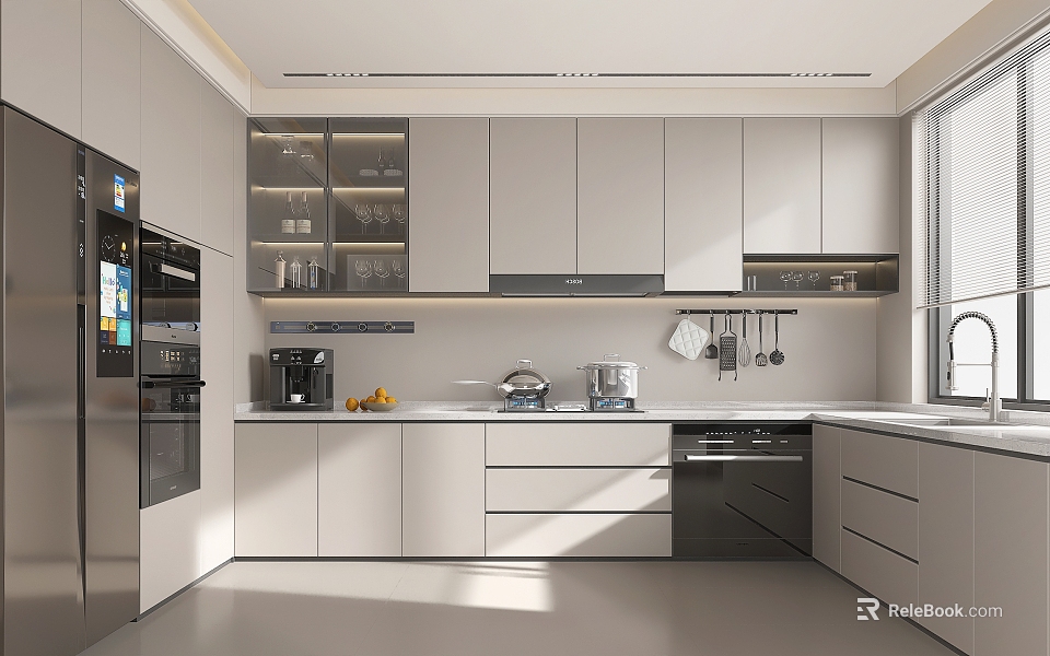Modern Kitchen Interior Design With White Cabinets Glass Door Upper And Appliances 3d model 