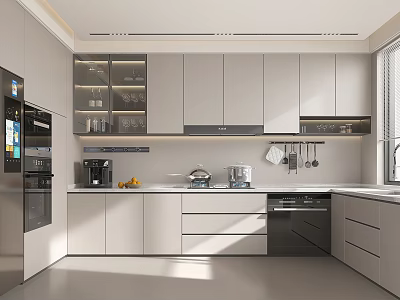 Modern Kitchen Interior Design With White Cabinets Glass Door Upper And Appliances 3d model