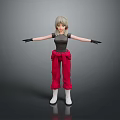 Woman With Gray Short Hair Black Gloves Red Loose Pants White Boots Arms Outstretched