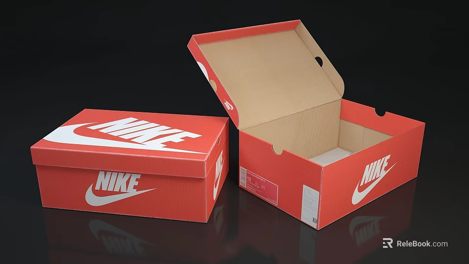 Red Nike Shoe Boxes Open And Closed With White Logo Design 3d model 