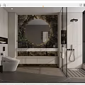 Modern Bathroom Interior With Round Mirror Marble Countertop And Glass Shower Area