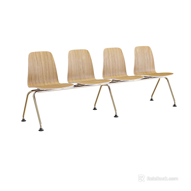 Four Linked Public Chairs With Light Wood Backrest And Chrome Legs For Waiting Areas 3d model 