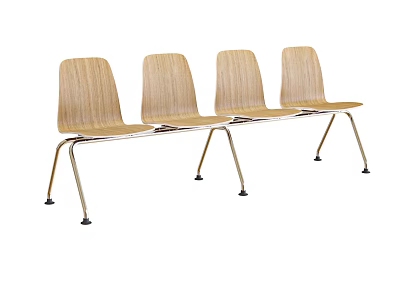 Four Linked Public Chairs With Light Wood Backrest And Chrome Legs For Waiting Areas 3d model