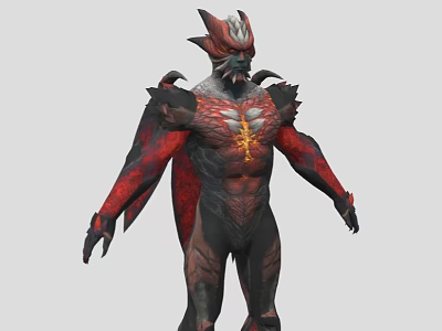 Mythical Game And Movie Character With Red Black Skin Horns And Yellow Chest Symbol 3d model