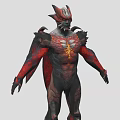 Mythical Game And Movie Character With Red Black Skin Horns And Yellow Chest Symbol