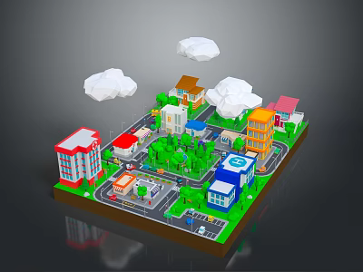 Modern City Scene 3D Model With Various Buildings Green Trees Roads Cars And Clouds 3d model