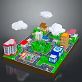 Modern City Scene 3D Model With Various Buildings Green Trees Roads Cars And Clouds