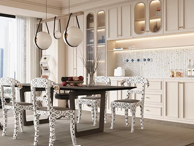 Elegant Modern Dining Room Interior With Pendant Lights White Cabinets And Patterned Chairs 3d model