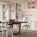 Elegant Modern Dining Room Interior With Pendant Lights White Cabinets And Patterned Chairs