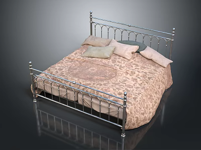 Elegant Silver Metal Bed Frame With Patterned Bedspread And Multiple Soft Pillows 3d model
