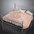 Elegant Silver Metal Bed Frame With Patterned Bedspread And Multiple Soft Pillows 3d model
