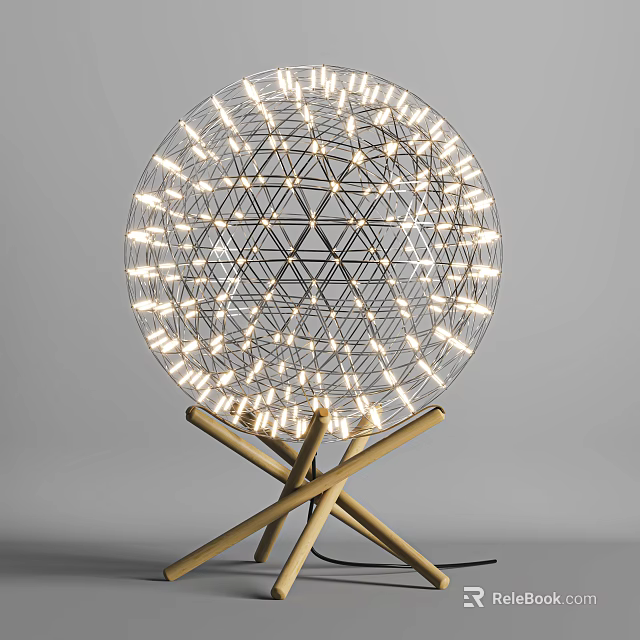 Modern Minimalist Table Lamp With Spherical Metal Frame Small Lights And Wooden Base 3d model 
