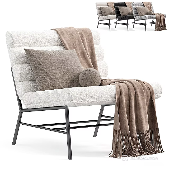 Modern Minimalist Single Sofa with Light Beige Fabric Brown Cushion and Black Metal Legs 3d model 
