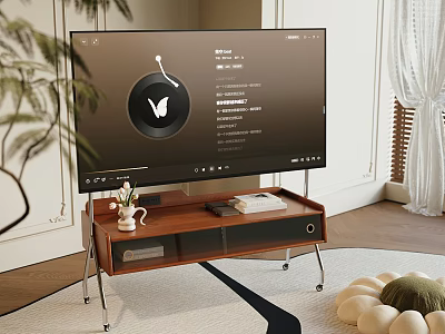 Modern Smart TV on Wooden Stand in Living Room with Vase Books and Decorative Elements 3d model