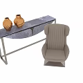 Elegant Beige Leather Accent Chair with Striped Backrest and Golden Vases on Woven Side Table