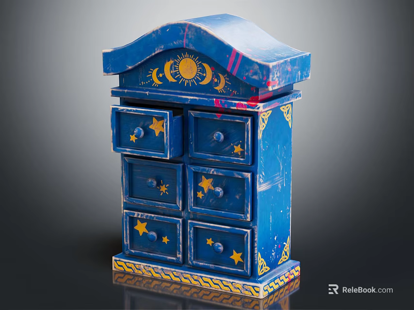 Blue Chest of Drawers with Sun Moon and Stars Decorative Patterns and Yellow Trim 3d model 