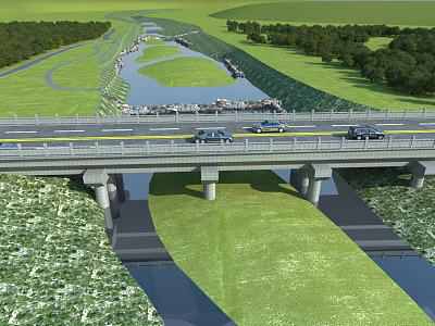 Bridge With Cars Driving Over River Surrounded By Green Grass And Trees 3d model