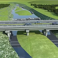 Bridge With Cars Driving Over River Surrounded By Green Grass And Trees