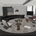 Modern Curved Black Sofa Set With Red Accent Chair Circular Geometric Rug And Floor Lamp