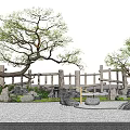 Japanese Garden Courtyard With Curved Pine Trees Wooden Fence And Gravel Ground