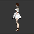3D Game Movie Female Character with White Dress Red Belt Brown Hair and Blue Accessory