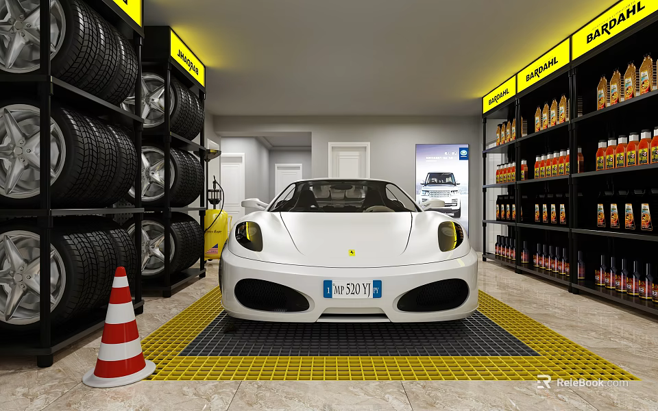 4S Shop Service Environment With White Sports Car Tire Racks And Auto Supplies 3d model 
