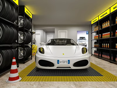 4S Shop Service Environment With White Sports Car Tire Racks And Auto Supplies 3d model