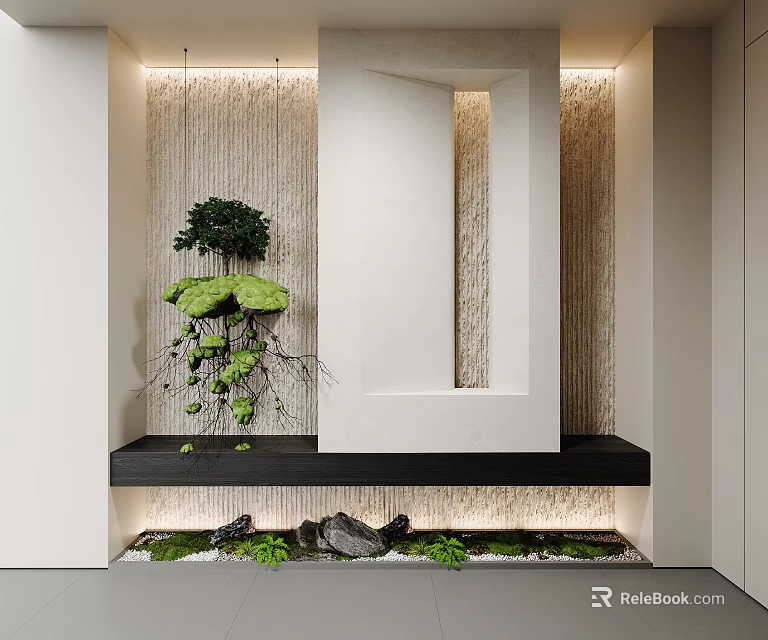 Modern Entryway Interior Design With Vertical Slat Wall Green Plant Water Feature And Soft Lighting 3d model 
