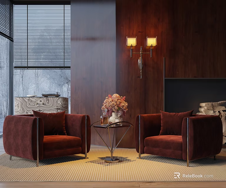 Red Velvet Armchairs with Small Coffee Table and Flower Vase in Wooden Wall Living Room 3d model 