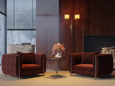 Red Velvet Armchairs with Small Coffee Table and Flower Vase in Wooden Wall Living Room 3d model