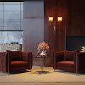 Red Velvet Armchairs with Small Coffee Table and Flower Vase in Wooden Wall Living Room