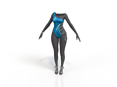 Woman Wearing Blue One Piece Bodysuit With Black Long Sleeves And Black Tights 3d model
