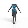 Woman Wearing Blue One Piece Bodysuit With Black Long Sleeves And Black Tights