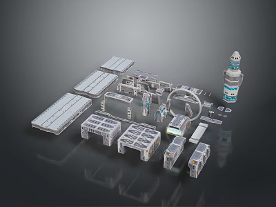 Space Station Modular Components Design with Connecting Structures and Propulsion Unit 3d model