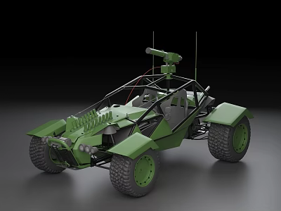 Green Military Off Road Vehicle With Open Frame Large Tires And Roof Antenna 3d model