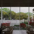 Modern Sales Office Open Interior With Wooden Ceiling Chandeliers Floor to Ceiling Windows Outdoor View