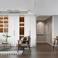 Modern Dining and Living Area with Wooden Table Chairs Marble Wall Hanging Lamp and Cabinets